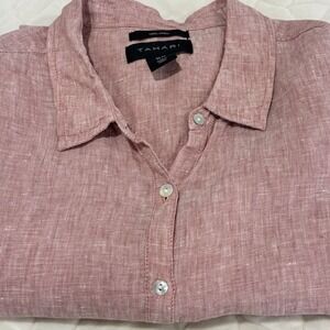 Tahari Women 1X Button Down Shirt Tunk Top Pink 100% Linen Long Sleeve Plus Size